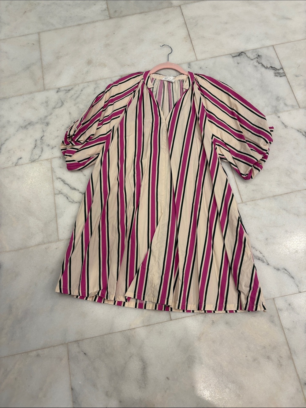 Striped Pink and Cream V-Neck Tunic Dress